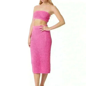 NWT MISA Los Angeles Tia Top & Flamingo Midi Skirt in Pink Crochet 2 piece set